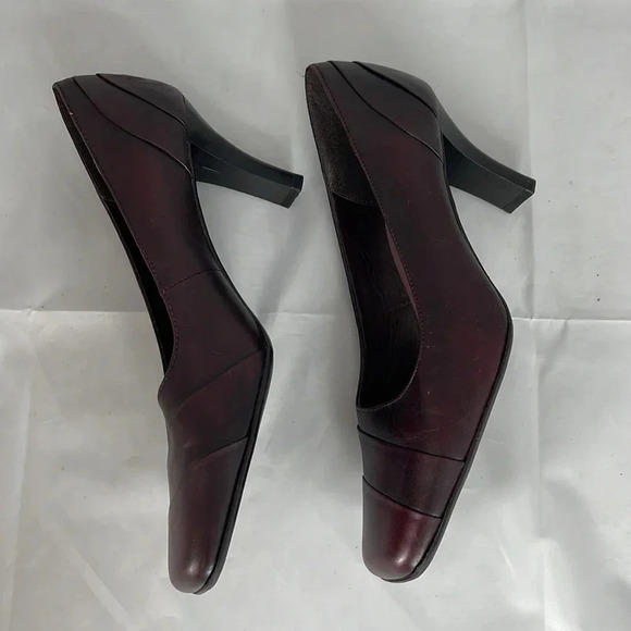 VINTAGE Y2K Spring Square Toe Pumps Wine Maroon Genuine Leather Shoes Heels 36 - Picture 6 of 13